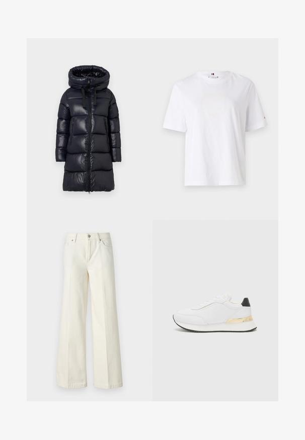 Melna pūkaina jaka ar augstu apkakli, ar spīdīgu neilona virsmu, garām piedurknēm, ar rāvējslēdzēja aizdari un divām rāvējslēdzēja sānu kabatām.; Balts kokvilnas T-krekls ar apaļu kaklu, īsām piedurknēm un smalku dzeltenu logo dizainu, kas lasa "HILFIGER NEW YORK 1985". Standarta izgriezums.; Platās kāju baltās džinsas, izgatavotas no kokvilnas maisījuma auduma. Tām ir rāvējslēdzēja josta, piecu kabatu dizains un šuvju izšuvumi gar šuvēm.; Baltas sporta apavs ar gludu virsmu, ar melnu papēža akcentu un zeltītu metāla detaļu uz vidus zoles. Saista dizains, gumijas zole.