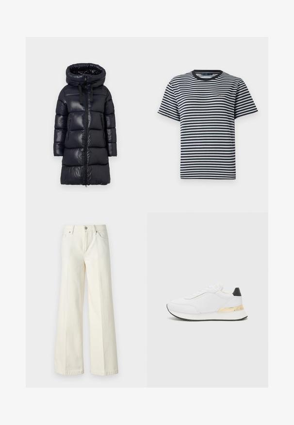 Casaco puffer preto com gola alta, apresentando um exterior de nylon brilhante, mangas compridas, fecho de zíp e dois bolsos laterais com zíper.; T-shirt às riscas com riscas horizontais em preto e branco, decote redondo e mangas curtas. Feita de tecido leve e macio.; Calças jeans brancas de perna larga, feitas de tecido de algodão misto. Apresentam fecho de correr, design de cinco bolsos e costura ao longo das costuras.; Sneaker branco com acabamento liso, apresentando um detalhe preto no calcanhar e um detalhe metálico dourado na entressola. Design com cadarço, sola de borracha.