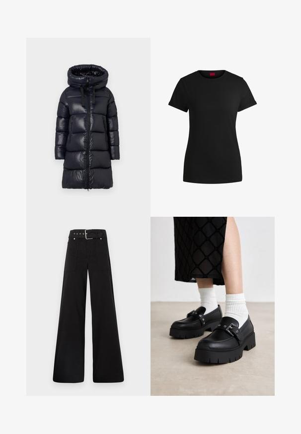 Schwarze Daunenjacke mit hohem Kragen, glänzender Nylon-Oberfläche, langen Ärmeln, Reißverschluss und zwei seitlichen Reißverschluss-Taschen.; Schwarzes Baumwoll-T-Shirt mit kurzen, aufgerollten Ärmeln, rundem Halsausschnitt und rotem Etikett. Glatte Textur, taillierte Form mit minimalen Details.; Schwarze weitgeschnittene Hose aus Baumwolle, mit hoher Taille, großen Seitentaschen und einem taillierten Bund mit silbernen Hardware-Akzenten.; Schwarze Plateauslurchen mit glattem Lederfinish, ausgestattet mit einer Schnallendetail und Nietenakzenten, kombiniert mit weißen gerippten Socken.