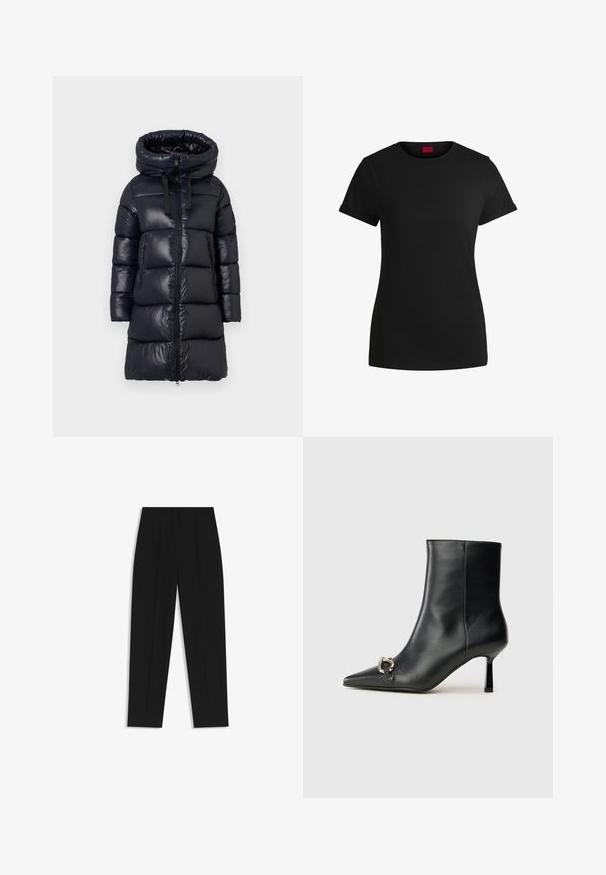 Black puffer coat with a high collar, featuring a shiny nylon exterior, long sleeves, zip closure, and two zippered side pockets.; Black cotton t-shirt with short rolled sleeves, a round neckline, and a red label. Smooth texture, fitted shape with minimal detailing.; Black trousers with a straight fit, featuring double pleats, a smooth texture, and a classic waistband design. No visible hardware or accents.; Black leather ankle boot with pointed toe, slim mid-height heel, and silver buckle detail on side against plain background.