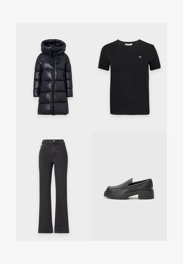 Black puffer coat with a high collar, featuring a shiny nylon exterior, long sleeves, zip closure, and two zippered side pockets.; Black cotton t-shirt with a classic crew neck, short sleeves, and a small white embroidered "ck" logo on the chest.; Black high-waisted flared jeans made of denim, featuring a button closure, belt loops, and side pockets. Smooth texture with minimal fading.; Black leather loafers with a rounded toe, thick textured sole, and minimal stitching details. Sleek design with no visible laces or hardware.