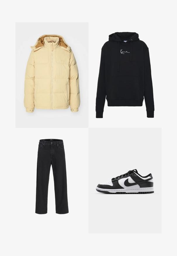 Světlě žlutá péřovka s předním zipem, kapucí, postranními kapsami a náramky na patentky. Hladká textura a šitý polstrovaný design po celém povrchu.; Černá mikina s kapucí vyrobená z měkké tkaniny, s přední kapsou, šňůrkami na stažení a bílou výšivkou loga na prsou. Klasický střih a pletené manžety.; Černé džíny rovného střihu z denimu s knoflíkovým a zipovým zapínáním, poutky na opasek a předními i zadními kapsami.; Černobílé tenisky Nike Dunk s koženým svrškem, perforovanou špičkou, černými tkaničkami a černou gumovou podrážkou s dezénem.