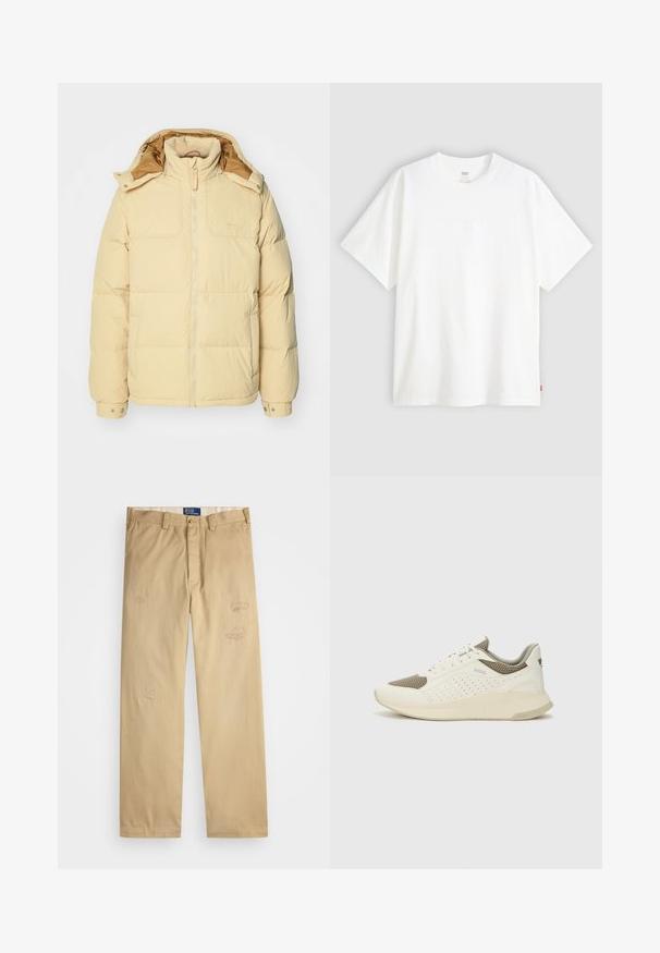 Šviesiai geltonas pūkinis švarkas su užtrauktuku priekyje, gobtuvu, šoninėmis kišenėmis ir snapelių rankovėmis. Lygus audinys ir visame paviršiuje siuvinėtas paminkštintas dizainas.; Baltas trumpas rankovės marškinėlis, pagamintas iš medvilnės, su apvalia iškirpte. Priekyje yra subtilus iškilus logotipas ir raudonas etiketas ant apačios.; Braški medvilniniai kelnės su tiesiu kirpimu. Priekyje yra dėvėti priežiūros elementai ir siuvinėjimo detalės. Klasikinis mygtuko ir užtrauktuko uždarymas.; Baltas ir šviesiai bežinis sportinis kedas, su tinklo viršumi, perforuotais detalėmis ir tekstūruotu tarpine su logotipu ant kulno.