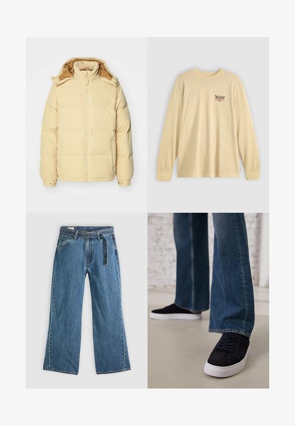 Svetlo rumena puhnjena jakna z zadrgo spredaj, kapuco, stranskimi žepi in zapenjanjem na gumb. Gladka textura in šivana oblika s podlogami po celem izdelku.; Bež majica s dolgimi rokavi, narejena iz mehkega bombaža, z majhnim grafičnim dizajnom na prsih, klasičnim okruglim izrezom in ohlapnim krojem.; Modre široke kavbojke z naramnicami, sprednjimi žepe in vidnimi šivi na enostavni svetli podlagi.; Temno modri semiš športni copati z belo gumijasto podplatom in vezalkami, v kombinaciji z širokimi jeans hlačami v srednje modrem pranju.
