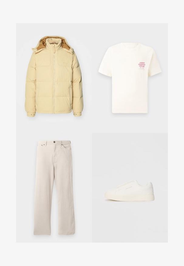 Light yellow puffer jacket with a zip front, hood, side pockets, and snap cuffs. Smooth texture and stitched padded design throughout.; White short-sleeve T-shirt with red text "Studio Originals Edition" on left chest, displayed on a neutral gray background.; Beige corduroy pants with a straight cut, featuring a ribbed texture, five-pocket design, and a button-fly closure.; White slip-on sneakers with a textured surface, a thick sole, and minimalistic design. Features brand logo on the side.