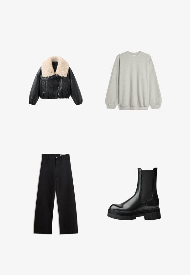 Czarna kurtka z ekologicznej skóry, krótka, z kremowym kołnierzem z owczej wełny, bufiastymi rękawami i zapięciem na guziki z przodu. Posiada dwie boczne kieszenie.; Szara bluza z miękkiego materiału, z okrągłym dekoltem, długimi rękawami z elastycznymi mankietami oraz luźnym krojem. Bez wzorów i akcentów.; Czarne dżinsowe spodnie o szerokich nogawkach i wysokim stanie, z przednimi i tylnymi kieszeniami, przeszyciami oraz zapięciem na guziki. Gładka struktura.; Czarny skórzany botek na kostkę z elastycznym bokiem, okrągłym noskiem, masywną podeszwą na platformie oraz teksturowaną cholewką dla lepszej przyczepności.