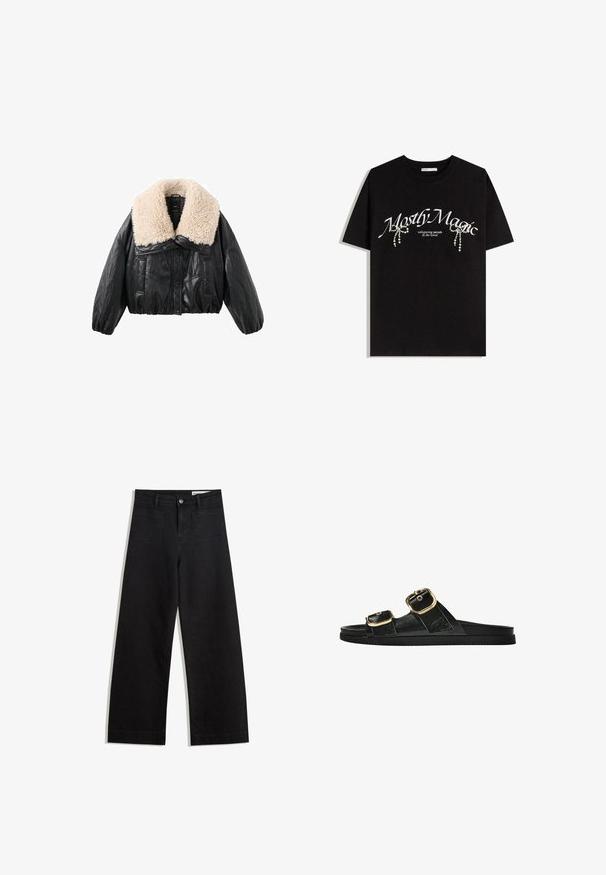 Čierna krátka bunda z umelého kože s krémovým kožušinovým golierom, naskladanými rukávmi a predným zapínaním na gombíky. Obsahuje dve bočné vrecká.; Čierne bavlnené tričko s nápisom "Mostly Magic" v bielej farbe, doplnené dekoratívnymi perlami. Krátke rukávy, voľný strih, okrúhly výstrih.; Čierne denimové nohavice s širokými nohavicami a vysokým pásom, so prednými a zadnými vreckami, šitými švami a zapínaním na gombík. Hladká textúra.; Čierne šľapky s dvoma zlatými prackami, hladký textúrovaný materiál, plochá podrážka a minimalistický dizajn.