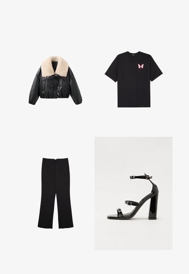 Crna jakna od umjetne kože skraćenog kroja s kremastim krznom na ovratniku, napučenim rukavima i zatvaranjem na gumbe sprijeda. Ima dva bočna džepa.; Crna pamučna majica s kratkim rukavima, s malim grafičkim prikazom ružičaste vjetricaste s desne strane na prsima. Dizajn s okruglim izrezom i opuštenim krojem.; Crne hlače ravnog kroja, s prednjim džepovima i bočnim prorezima na rubu. Izrađene od mekog i glatkog materijala. Pogodne za razne prigode.; Crne lakirane sandale na pete sa kvadratnim nosom, trakama oko gležnja i srebrnim kopčama. Imaju čvrst blok petu za stabilnost.