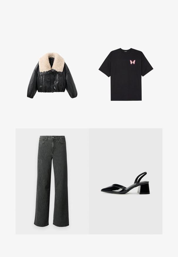 Jachetă scurtă din piele sintetică neagră cu guler din blană crem, mâneci bufante și închidere cu nasturi în față. Include două buzunare laterale.; Tricou negru din bumbac cu mâneci scurte, având pe partea stângă a pieptului un mic grafic cu un fluture roz. Design cu guler rotund și croială lejeră.; Blugi cu picioare largi din denim gri închis, cu o textură subtilă de model zebra, cusături în contrast și un design cu cinci buzunare, având un nasture pentru închidere.; Pantofi cu toc slingback din piele lacuită neagră, cu vârf ascuțit și toc geometric. Prezintă un design elegant, minimalist și o textură netedă.