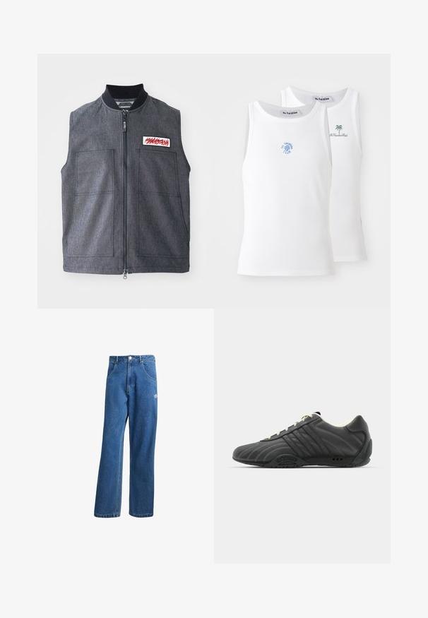 Colete cinza escuro com fecho de correr, dois grandes bolsos frontais, colarinho canelado e um patch decorativo com um design vermelho.; Dois tops brancos de alças, com textura canelada, apresentando logótipos bordados em azul e verde. Um tem um desenho de sol, o outro uma palmeira.; Calças de ganga azul com cintura alta e perna larga, com bolsos frontais, passadores de cinto, fecho de botão e pequeno logótipo da Adidas na coxa direita.; adidas Originals ADIRACER UNISEX - Sapatilhas - core black/cream white