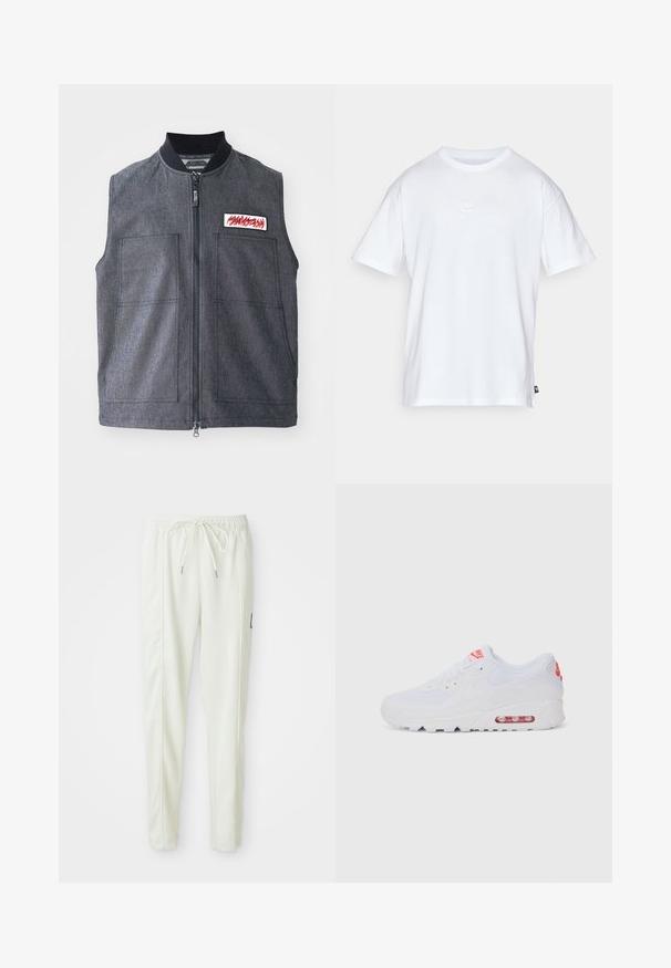Dark gray vest featuring a zip front, two large front pockets, a ribbed collar, and a decorative patch with a red design.; White cotton t-shirt with short sleeves and a round neck. Features a small, subtle Nike logo on the chest and a side label.; White slim-fit jogger pants with elastic waistband and drawstring, featuring side seam detailing and a small black patch on the right leg.; White athletic sneaker featuring a smooth upper, lace closure, cushioned sole, and a visible air unit with red accents on the branding.