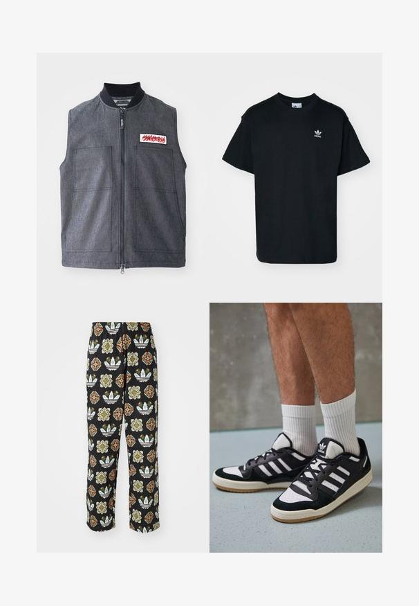 Tumehall vest, millel on tõmblukk ees, kaks suurt eesmist taskut, ribakrae ja dekoratiivnePATCH punase disainiga.; Must musta T-särk lühikeste varrukatega ja ümmarguse kaelusega, mille vasakul rinnal on väike valge Adidas logo.; Mustad püksid, millel on keeruline mustrivalik erinevatest kujunditest, sealhulgas lillenaisad ja triibud oranži, rohelise ja valge värviga.; Mustvalged ja valged spordijalatsid, mille pealmine osa on valmistatud suede'ist ja nahast. Kingadel on kolm valget riba, auguline varvas ja kummist tald.