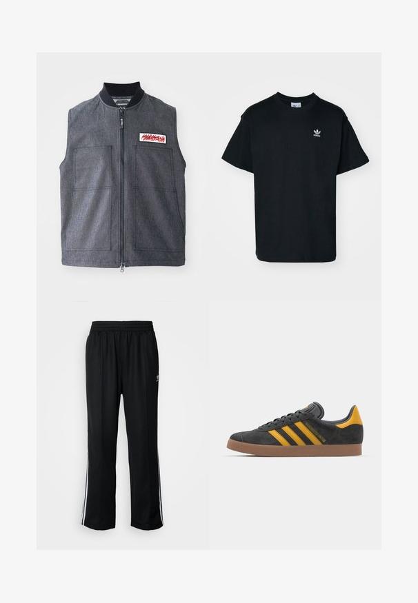 Tummanharmaa liivi, jossa on vetoketjukiinnitys, kaksi suurta etutaskua, ribbineulekaulus ja koristeellinen päällyste punaisella designilla.; Mustapuuterinen t-paita, jossa on pyöreä kaula-aukko ja lyhyet hihat. Vasemman rinnan alueella on pieni valkoinen Adidas-logo.; Mustat urheiluhousut, joissa on joustava vyötärö, valkoiset sivuraidat ja pieni logo. Materiaali näyttää pehmeältä ja kevyeltä.; Mustat samettiset tennarit, joissa on keltaisia yksityiskohtia, kolmonen raita ja ruskea kumipohja. Sisältää pehmustetun kielisen mukavuutta varten.
