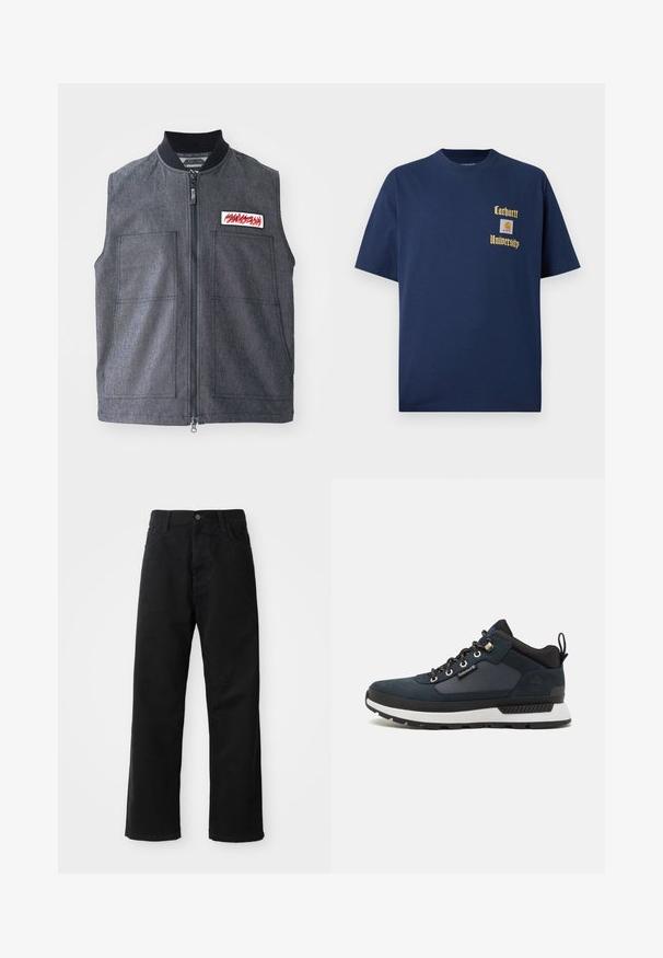 Tamno sivi prsluk s patentnim zatvaračem sprijeda, dva velika prednja džepa, rebrasti ovratnik i dekorativna oznaka s crvenim dizajnom.; Tamno plavi pamukasti majica s kratkim rukavima, s zlatnim natpisom "Carhartt University" i logotipom na lijevoj strani grudi.; Crne traperice ravnog kroja, s prednjim džepovima, patentnim zatvaračem i jednim gornjim dugmetom. Teksturirana tkanina s mat završetkom.; Tamno plava planinarska cipela sa gornjim dijelom od semishe i tekstila, bijelim međupotplatkom, crnim potplatom i metalnim rupicama. Ima stražnji trak za lakše obuvanje.