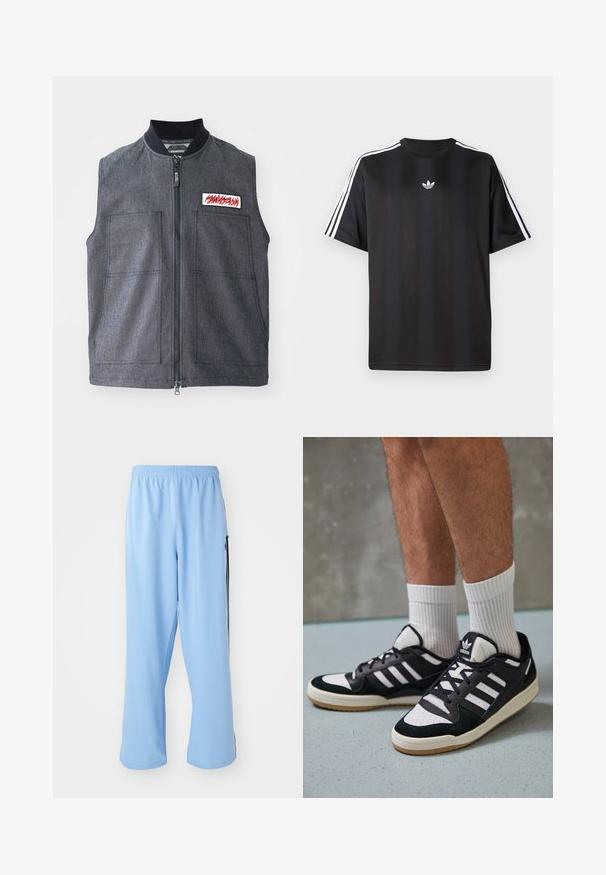 Temno siva brezrokavnik z zadrgo spredaj, dvema velikima sprednjima žepoma, rebrastim ovratnikom in okrasnim fleksom rdeče barve.; Crna majica s kratkimi рукави in belimi трими črtami na ramah ter majhnim belim logotipom na prsih. Gladka tekstura tkanine.; Svijetloplave atletske hlače od glatkog materijala, s elastičnim pojasom i kontrastnim crnim bočnim trakama.; Črno-bele superge z zgornjim delom iz usnja in nubuka, ki imajo tri bele črte, perforiran vrh prstov in podplat iz gume.