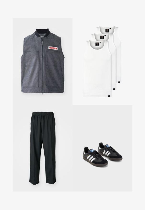 Gilet grigio scuro con zip frontale, due grandi tasche frontali, colletto a coste e una patch decorativa con un design rosso.; Tre canotte bianche a coste in cotone. Presentano un colletto rotondo e piccole etichette nere vicino all'orlo. Disponibile in diverse taglie.; Pantaloni sportivi neri con vita elastica, realizzati in tessuto liscio, con cuciture laterali sottili e un fit rilassato, design a gamba dritta.; Sneakers neri con tomaia in suede e materiale sintetico, caratterizzati da tre strisce bianche, suola in gomma testurizzata e etichetta blu sul linguetta.