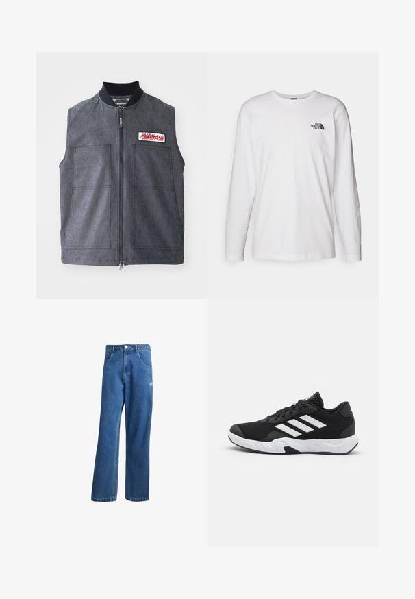 Donkergrijze vest met een rits aan de voorkant, twee grote voorzakken, een geribde kraag en een decoratieve patch met een rood ontwerp.; Witte lange mouwen T-shirt gemaakt van katoen met een ronde hals. Beschikt over een klein zwart logo op de borst. Soepele textuur, normale pasvorm.; Blauwe hoge taille wijde spijkerbroek met voorzakken, riemlussen, knoopsluiting en klein Adidas-logo op de rechterdij.; Zwarte sportieve schoenen met een geperforeerde mesh bovenkant, witte accentstrepen, een gevoerde zool en een versterkte hiel voor extra ondersteuning.
