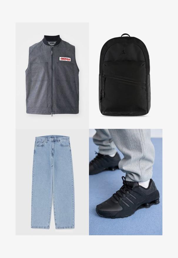 Tummanharmaa liivi, jossa on vetoketjukiinnitys, kaksi suurta etutaskua, ribbineulekaulus ja koristeellinen päällyste punaisella designilla.; Violetti huppari, joka on valmistettu pehmeästä kankaasta, ja siinä on mustavalkoinen pyöreä logo, jossa on linnun kuvio, edessä kengurupussi ja nyörihattu.; Pitkähihaisessa valkoisessa paidassa on ohuita vaaleanharmaita pystyraitoja, napitettu etuosa, yksi rintatasku ja terävä kaulus.; Vaaleansiniset farkut suoran lahkeen muotoilulla, joissa on puolivälin vyötärö, viisi taskua sekä nappi- ja vetoketjusuljenta.; Henkilö, joka pitää päällään mustia Nike Shox -lenkkareita ja harmaita verkkareita, seisoo vaaleansinisellä matolla.; Musta reppu, jossa on karkea kangas, etupuolella vetoketjullinen tasku, kohokuvioitu logo ja pehmustettu takapaneeli tuen tarjoamiseksi.