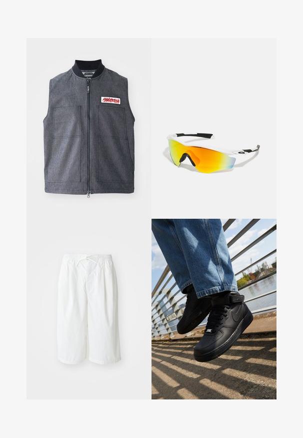 Vest gri închis cu fermoar în față, două buzunare mari în față, guler ribbed și o patch decorativă cu un design roșu.; Tricou alb din bumbac, cu mâneci scurte. Creat cu un mic logo portocaliu și bordo pe pieptul stâng. Prezintă un gât rotund clasic.; Shorts albe cu talie elastică și șnur de ajustare, prezentate pe un fundal simplu de culoare deschisă. Potrivite pentru îmbrăcăminte casuală sau pentru vreme caldă.; Adidași Nike Air Force 1 negri, cu superior din piele, limbă din plasă și talpă din cauciuc, având un design de tip high-top și șireturi groase.; Ochelari de soare sport albi cu un design curbat, accente de cauciuc negre și un lentilă reflectorizantă portocalie-aurie care trece în albastru.