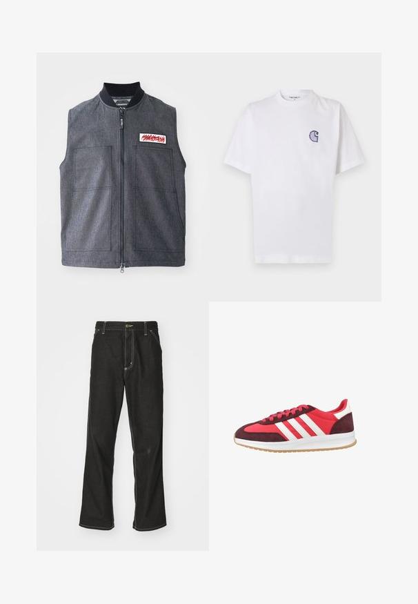 Dunkelgraue Weste mit Reißverschluss vorne, zwei großen Fronttaschen, einem gerippten Kragen und einem dekorativen Patch mit rotem Design.; Weißes Baumwoll-T-Shirt mit kurzen Ärmeln, rundem Halsausschnitt und einem kleinen, gestickten blauen "C"-Logo auf der linken Brustseite.; Schwarze Denim-Jeans mit lockerer Passform, kontrastierenden weißen Nähten, einem Knopfverschluss und geradem Bein.; Rote und kastanienbraune Sport Schuhe mit weißen Streifen, einem Obermaterial aus Wildleder und Synthetik, gepolsterter Sohle und strukturiertem Gummi-Außensohle.