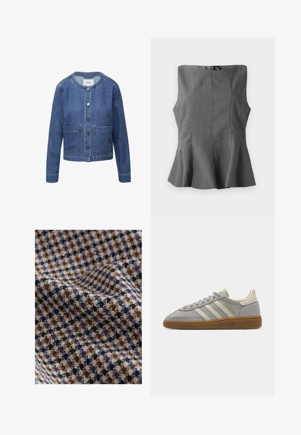 Jeansjack met een ronde hals, vijf knopen, twee voorzakken en een donkerblauwe wassing. Heeft een gestructureerde pasvorm en stikselaccenten.; Grijze peplum top met een gestructureerd, mouwloos ontwerp. Gemaakt van een gladde stof, met verticale naden en een rechte halslijn.; Textiel met een geruit patroon in beige, bruin, marineblauw en zwart, met een getextureerde afwerking. Zacht en vallend uiterlijk.; Grijze suède sneakers met lichtgrijze leren strepen en een gomrubberen zool. Kenmerken zijn een vetersluiting en subtiele branding op de tong.