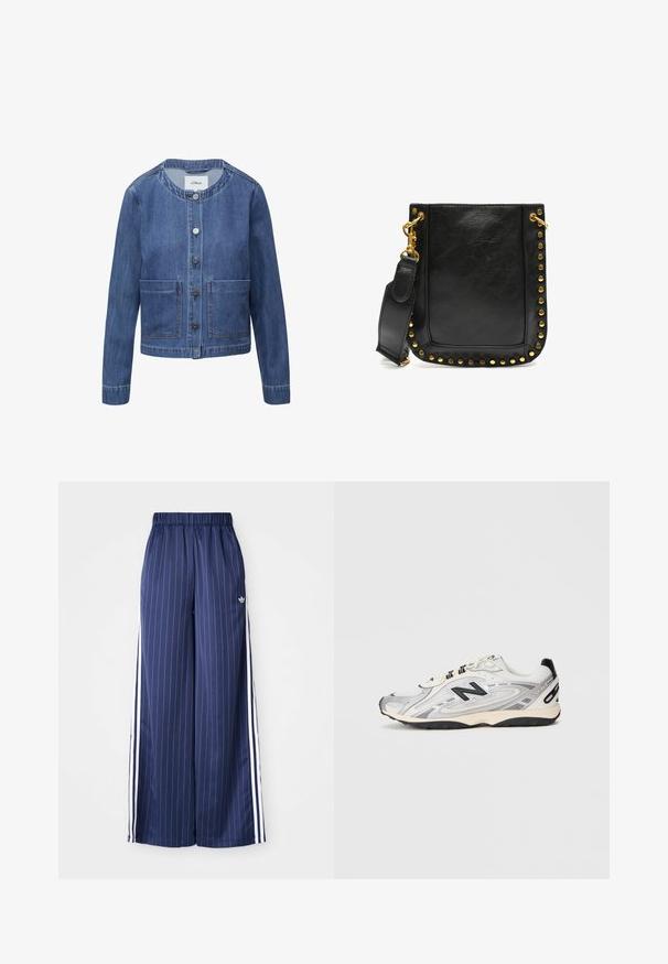 Jeansjack met een ronde hals, vijf knopen, twee voorzakken en een donkerblauwe wassing. Heeft een gestructureerde pasvorm en stikselaccenten.; Witte blouse met lange mouwen, met een gerimpelde hoge kraag en verticale ruches aan de voorkant. Lichtgewicht katoenen stof.; Navyblauwe wijde broek met verticale witte strepen, elastische tailleband en drie witte strepen aan elke kant, gemaakt van een lichtgewicht materiaal.; Grijze en witte sportschoen met een ronde neus, gemaakt van mesh en synthetische materialen, zwarte accenten en een gestructureerde rubberen zool.; Zwarte leren handtas met gouden studs langs de randen, een platte vorm en een verstelbare strap met een gouden sluiting.