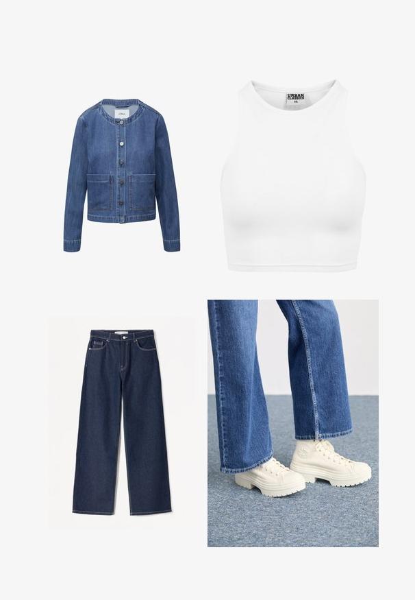 Jeansjack met een ronde hals, vijf knopen, twee voorzakken en een donkerblauwe wassing. Heeft een gestructureerde pasvorm en stikselaccenten.; Witte geribbelde crop top met een hoge halslijn en mouwloos ontwerp. Gemaakt van zachte, rekbare stof voor een comfortabele pasvorm.; Donkerblauwe wijdvallende jeans van denimstof met witte stiksels, heeft twee zijzakken en een klassieke knoopsluiting.; Witte hoge sneakers met dikke, geribbelde zolen en ronde logo-detail, gedragen met lichtblauwe, wijde denim jeans.