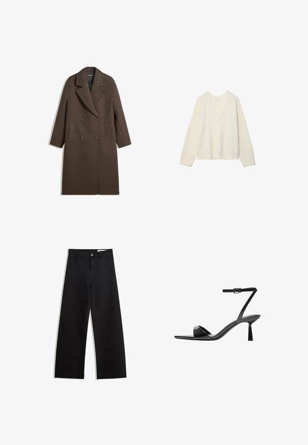 Cappotto di lana marrone a doppio petto con ampi rever, quattro bottoni, maniche lunghe e due tasche anteriori a fessura, steso su sfondo bianco.; Maglione a V, di colore crema, con texture a costine, dalla vestibilità ampia e maniche lunghe. Materiale morbido, lunghezza cropped, con un delicato motivo a maglia.; Pantaloni in denim neri a gamba larga con vita alta, dotati di tasche anteriori e posteriori, cuciture a punto, e chiusura con bottone. Texture liscia.; Bershka Sandali con tacco - black