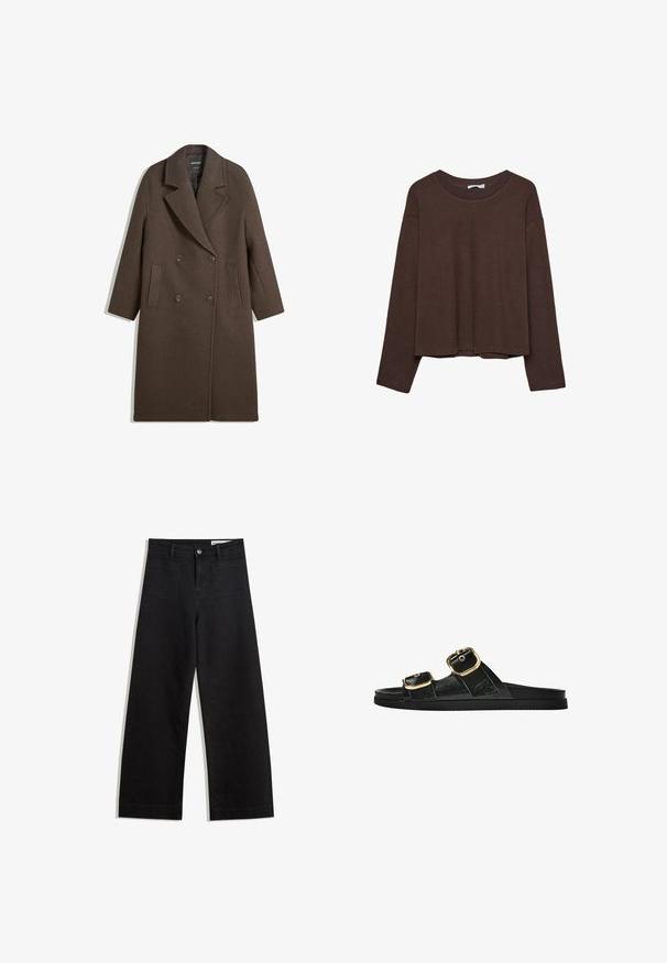 Smeđi vuneni kaput s dvostrukim kopčanjem, širokim reverima, četiri gumba, dugim rukavima i dva prednja proreza, položen ravno na bijeloj podlozi.; Smeđi pulover s ležernim krojem, rebrastim izrezom i dugim rukavima. Glatka tekstura s zaobljenim rubom i bez vidljivih uzoraka ili akcenata.; Crne široke traperice s visokim strukom, s prednjim i stražnjim džepovima, šivenim šavovima i kopčanjem na gumb. Glatka tekstura.; Crne sandale na klizanje s dva zlatna akcenta u obliku kopči, glatkog teksturiranog materijala, ravnim potplatom i minimalističkim dizajnom.