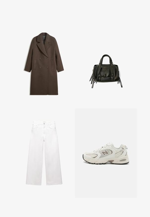 Rjav dvoredni volnen plašč s širokimi reverji, štirimi gumbi, dolgimi rokavi in dvema sprednjima žepoma, položen na belo podlago.; Kremna majica z dolgimi rokavi, širokim izrezom in razširjenimi rokavi. Gladek, lahek material. Preprost, minimalističen dizajn brez okraskov.; Bele široke jeans hlače iz bombaža, z visokim pasom, petimi žepi in medeninastimi dodatki. Gladka, nedotaknjena tekstura.; Bela mrežasta tekaška obutev z sivo akcenti, zaokroženim prstom, vezalnim dizajnom, oblazinjenim podplatom in vidnim logotipom "N" na strani.; Črna usnjena torba s pletenimi ročaji, žepom na zadrgo in visečimi resicami. Teksturična površina z kovinskimi okrasnimi studenčki in dodatki iz kovine.