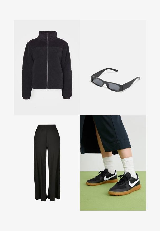 Veste en polaire noire avec un col haut, fermeture éclair et accents côtelés. Texture douce et design court. Manches longues avec poignets côtelés.; T-shirt blanc, coupé, en tissu côtelé. Il présente des manches courtes avec des bords effilochés et un col rond avec un détail froncé.; Pantalons larges noirs avec une texture à côtes verticales et une taille haute élastiquée. Comprend des poches latérales et un design de tissu fluide.; Baskets noires en cuir et synthétique avec le swoosh blanc de Nike, semelle en caoutchouc, bout rond et lacets noirs. Chaussettes blanches côtelées visibles.; Lunettes de soleil noires rectangulaires avec des verres foncés et des montures en mat épais. Les branches sont légèrement effilées avec une texture lisse.