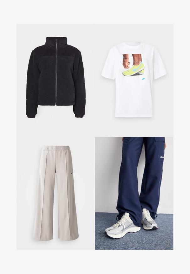 Veste en polaire noire avec un col haut, fermeture éclair et accents côtelés. Texture douce et design court. Manches longues avec poignets côtelés.; T-shirt en coton blanc avec un graphisme de pieds chaussés de crampons Nike jaunes avec des accents bleus, accompagné d'un bracelet au poignet gauche.; Pantalons larges gris clair en tissu lisse. Comprend une taille élastique et un logo Nike noir sur le côté gauche.; Baskets de sport Nike avec une tige en maille argentée, des accents blancs et des semelles texturées, associées à un pantalon marine ample.