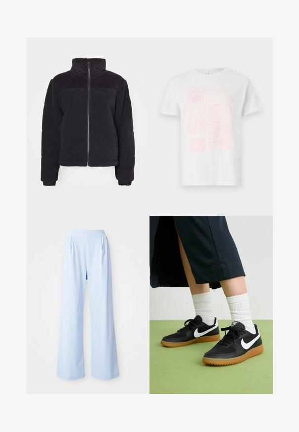 Black fleece jacket with a high collar, zipper closure, and ribbed accents. Soft texture and cropped design. Long sleeves with ribbed cuffs.; White cotton t-shirt featuring a pink graphic print with the text "CATCH A WAVE" and abstract designs on the front. Short sleeves, round neck.; Light blue wide-legged pants with a smooth texture, elastic waistband, and pleated details on the front. Made from a soft fabric.; Black leather and synthetic sneakers with white Nike swoosh, rubber gum sole, round toe, and black laces. Ribbed white socks visible.
