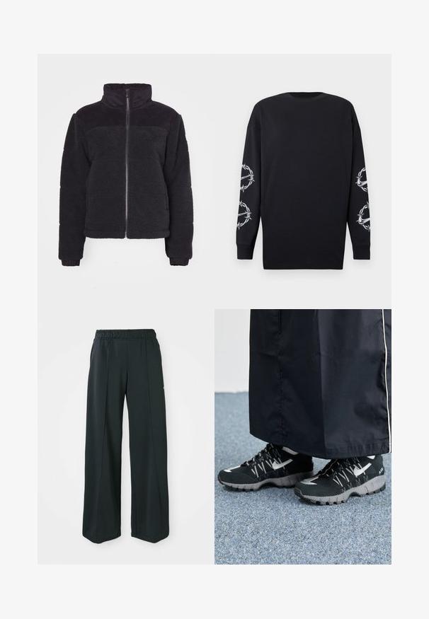 Black fleece jacket with a high collar, zipper closure, and ribbed accents. Soft texture and cropped design. Long sleeves with ribbed cuffs.; Black long-sleeve shirt with round neckline, featuring white barbed wire and thorns graphics on both sleeves.; Black, wide-leg athletic pants with an elastic waistband. Made from smooth, stretchy fabric, featuring subtle front seams and no pockets.; Black athletic shoes with a textured upper, silver accents, and a patterned outsole, paired with a black long garment. Set against blue carpet.