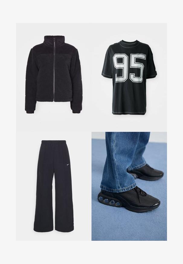 Zwarte fleecejack met hoge kraag, ritssluiting en geribbelde accenten. Zachte textuur en cropped ontwerp. Lange mouwen met geribbelde manchetten.; Zwarte katoenen t-shirt met korte mouwen, voorzien van een witte geprinte nummer "95" op de voorkant en contrasterende stiksels langs de randen.; Zwarte wijde broek met een elastische tailleband en een klein wit Nike-logo. De stof heeft een soepele textuur, ontworpen voor comfort en casual gebruik.; Zwarte sportieve sneakers met een bovenwerk van mesh, gestructureerde accenten en zichtbare luchtkussentjes in de zool. Gedragen met blauwe denim jeans.