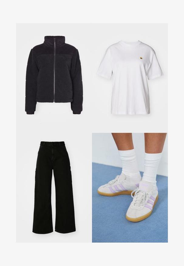 Melnā flīša jaka ar augstu apkakli, ar rāvējslēdzēju, un ribota dizaina akcentiem. Mīksta tekstūra un īsāks izgriezums. Garas piedurknes ar ribotiem aprocēm.; Balta kokvilnas T-kreklā ar brīvu piegriezumu, īsām piedurknēm un mazu izšūtu logotipu kreisajā krūtīs.; Melni platā kāju kravas bikses no denima, ar augstu vidukli, priekšējo pogu aizdari un sānu kabatām. Gluda tekstūra ar minimālu šuvju skaitu.; Gai pelēki zamšādas sporta apavi ar trim lilā svītrām, gumijas zole, plakano šņorēšanu un baltām ribotajām zeķēm. Fons ir zils.