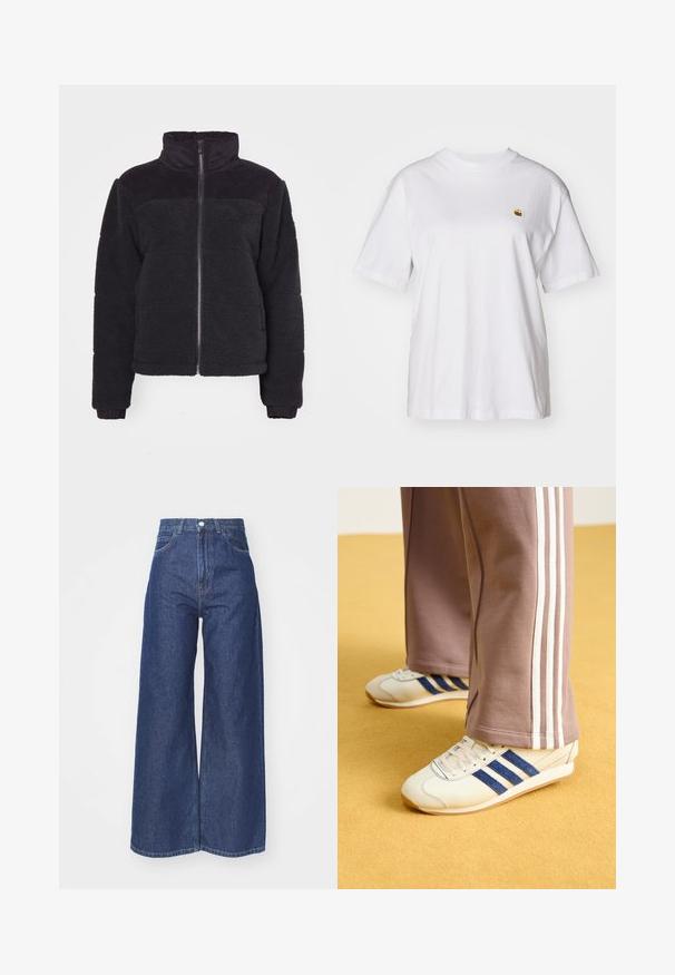 Giacca in pile nera con colletto alto, chiusura a zip e dettagli a coste. Texture morbida e design cropped. Maniche lunghe con polsini a coste.; Maglietta in cotone bianco con vestibilità rilassata, maniche corte e un piccolo logo ricamato sul lato sinistro del petto.; Jeans a gamba larga in denim blu scuro. Design a vita alta con chiusura a zip e bottone. Presenta uno stile classico a cinque tasche e bordi orlati.; Sneakers crema con strisce in suede blu, lacci bianchi e suola in gomma. Abbinati a pantaloni sportivi grigi con strisce laterali bianche.