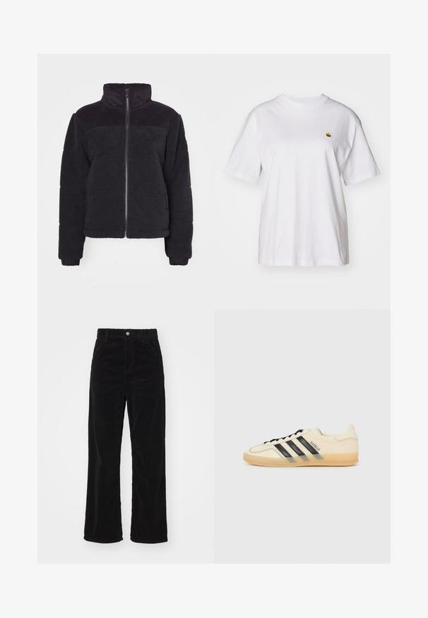 Chaqueta de forro polar negra con un cuello alto, cierre de cremallera y detalles acanalados. Textura suave y diseño corto. Mangas largas con puños acanalados.; Camisa de algodón blanca con corte relajado, mangas cortas y un pequeño logotipo bordado en el área del pecho izquierdo.; Pantalones de pana anchos en color negro con cintura alta, que cuentan con un cierre frontal de botón y cremallera, y una textura acanalada vertical en todo su diseño.; Zapatillas de deporte de color crema claro con diseño de tres rayas negras, parte superior texturizada, punta redonda y suela de goma. Incluye cordones y logotipo en el lateral.