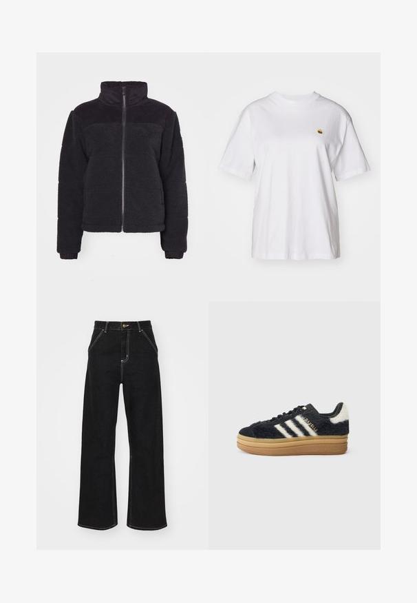 Black fleece jacket with a high collar, zipper closure, and ribbed accents. Soft texture and cropped design. Long sleeves with ribbed cuffs.; White cotton t-shirt with a relaxed fit, short sleeves, and a small embroidered logo on the left chest area.; Black wide-leg jeans made of denim, featuring contrasting white stitching and a front button closure, with two angled front pockets.; Black shaggy sneakers with white stripes and gold lettering, featuring a thick gum sole and textured upper. Accented with a fuzzy back.