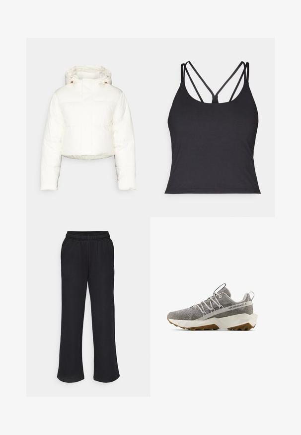 Afskåret hvid pufferjakke med hætte, med quiltet design, glat tekstur og lynlåslukning foran. Forstærkede sømme synlige.; Sort top med tynde stropper og krydset design på ryggen. Lavet af blødt, strækbart materiale med en tætsiddende silhuet.; Sorte sweatpants med en flagrende pasform, elastisk talje og sidelommer. Lavet af blødt stof uden synlige mønstre eller accenter.; Grå New Balance sneaker med tekstureret strikoverdel, hvid geometrisk sål, brun slidbane, elastisk snørredesign og trækflige på tunge og hæl.