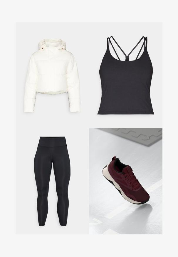 Veste matelassée blanche courte avec capuche, présentant un design matelassé, une texture lisse et une fermeture éclair à l'avant. Coutures renforcées visibles.; Débardeur noir avec de fines bretelles et un design croisé dans le dos. Fabriqué en matériau doux et extensible avec une silhouette ajustée.; Leggings noirs taille haute, longs, en tissu lisse avec des coutures visibles à l'avant et à la ceinture.; Chaussure de sport bordeaux avec dessus en maille, accents noirs et semelle blanche rembourrée. Présente un système de laçage et une languette au talon.