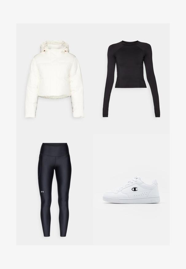 Geknipte witte pufferjas met een capuchon, met een gestikte ontwerp, een gladde textuur en een ritssluiting aan de voorkant. Versterkte naden zijn zichtbaar.; Zwarte lange mouwen crop top van rekbaar materiaal, met een ronde halslijn en raglanmouwen met subtiele stiknaaddetails.; Zwarte leggings van glad, rekbaar materiaal met een hoge tailleband. Heeft een wit logo op de linkerdij en een aansluitend ontwerp.; Witte sportschoenen met een glad bovenwerk van synthetisch materiaal, zwarte logoaccenten en geperforeerde details aan de zijkant. Rubberen zool.