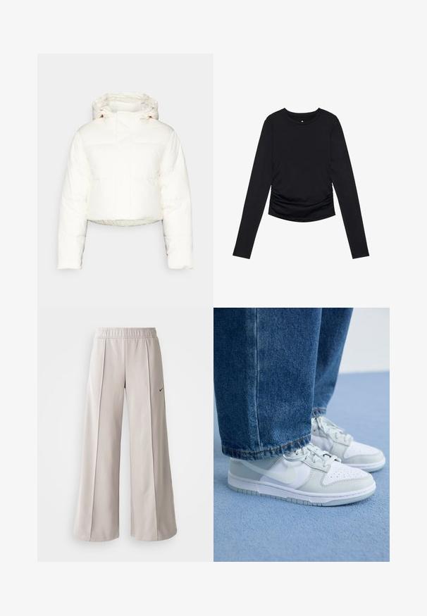 Skraťená biela puffová bunda s kapucňou, s prešívaným dizajnom, hladkým povrchom a predným zipsom. Viditeľné zosilnené švy.; Čierny top s dlhým rukávom a okrúhlym výstrihom, s riasením po stranách, vystavený na jednofarebnom bielom pozadí.; Svetlo šedé nohavice s širokým strihom vyrobené z hladkej tkaniny. Obsahujú elastický pás a čierne logo Nike na ľavej strane.; Nike tenisky v bielej a svetlošedej koži s perforovanou špičkou, plochými šnúrkami a gumovou podrážkou, spárované s modrými džínami.