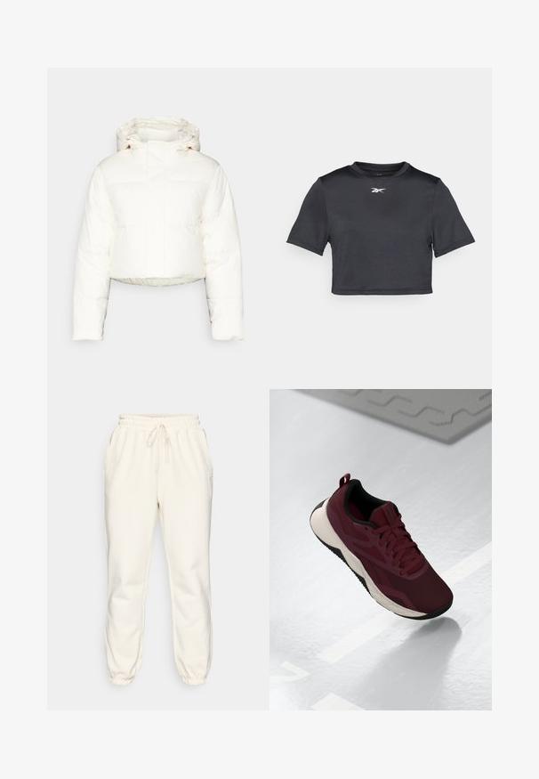Cropped white puffer jacket with a hood, featuring quilted design, smooth texture, and front zip closure. Reinforced seams visible.; Black cropped athletic t-shirt made from a smooth, lightweight fabric. Features short sleeves and a round neckline with a white logo printed on the chest.; Cream-colored sweatpants made of soft fabric, featuring an elastic waistband with drawstring, side pockets, and tapered cuffs at the ankles.; Maroon athletic shoe with mesh upper, black accents, and a cushioned white sole. Features lace-up closure and pull tab at the heel.