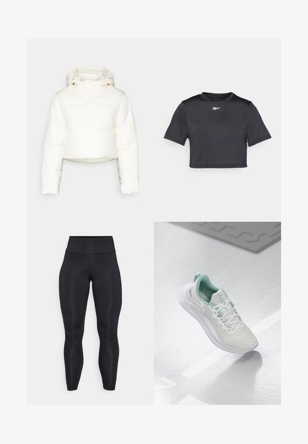 Lyhyt valkoinen untuvatakki hupulla, jossa on tikattu muotoilu, sileä pinta ja etuvetoketju. Vahvistetut saumat näkyvissä.; Mustat lyhyet hihat, cropped urheilupaita, joka on valmistettu sileästä ja kevyestä kankaasta. Ominaisuuksiin kuuluu pyöreä kaula-aukko ja valkoinen logo painettuna rintaan.; Mustat korkeavyötäröiset täysimittaiset legginsit, joissa on sileä kangas ja näkyvät saumat edessä ja vyötäröllä.; Vaaleanharmaa urheilujalkine, jossa on teksturoitu neulepäällinen, mintunvihreät yksityiskohdat, valkoiset nauhat, kumipohja ja vetolenkki kannassa.