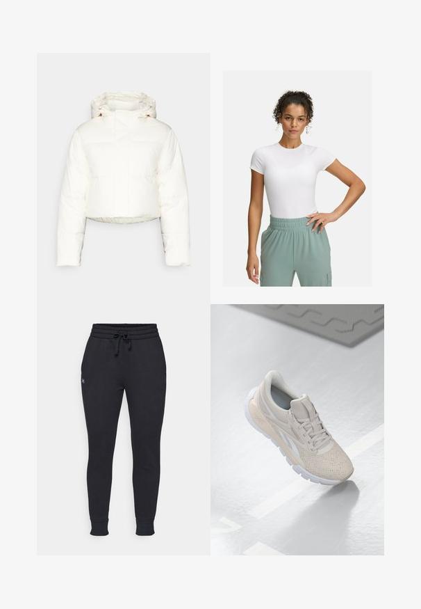 Cropped white puffer jacket with a hood, featuring quilted design, smooth texture, and front zip closure. Reinforced seams visible.; White fitted t-shirt with short sleeves, paired with light green elastic waistband pants. Smooth texture, minimalist design, and no visible patterns.; Black sweatpants with an elastic waistband, adjustable drawstring, ribbed cuffs, and a small logo on the left leg. Soft cotton blend material.; Light beige athletic shoe with a perforated upper, textured accents, padded collar, and white rubber sole, designed for comfort and breathability.