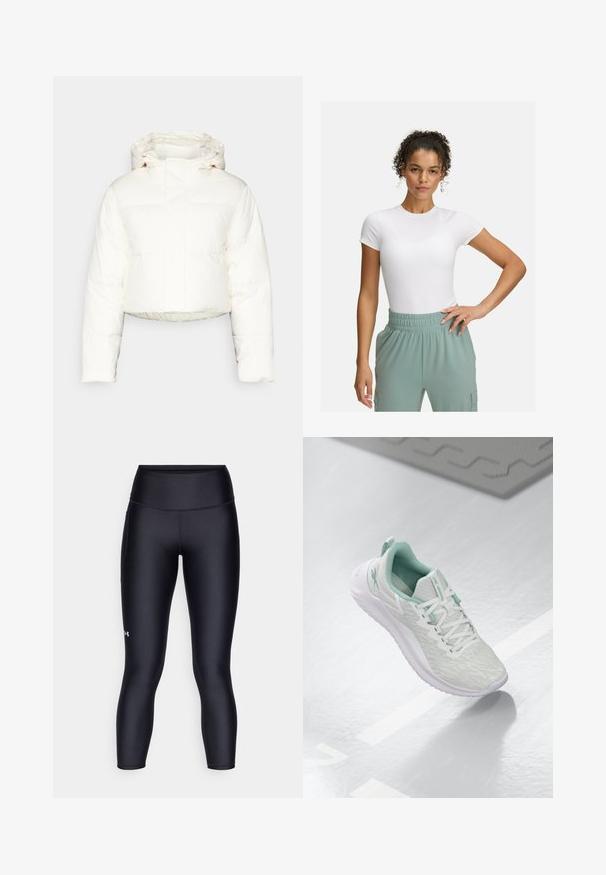 Veste matelassée blanche courte avec capuche, présentant un design matelassé, une texture lisse et une fermeture éclair à l'avant. Coutures renforcées visibles.; T-shirt blanc ajusté à manches courtes, associé à un pantalon à taille élastique vert clair. Texture lisse, design minimaliste et sans motifs visibles.; Leggings noirs en tissu lisse et extensible. Conception taille haute avec un ajustement près du corps et un petit logo sur la jambe gauche.; Baskets de sport gris clair avec un dessus en maille texturée, accents vert menthe, lacets blancs, semelle en caoutchouc et une languette au talon.