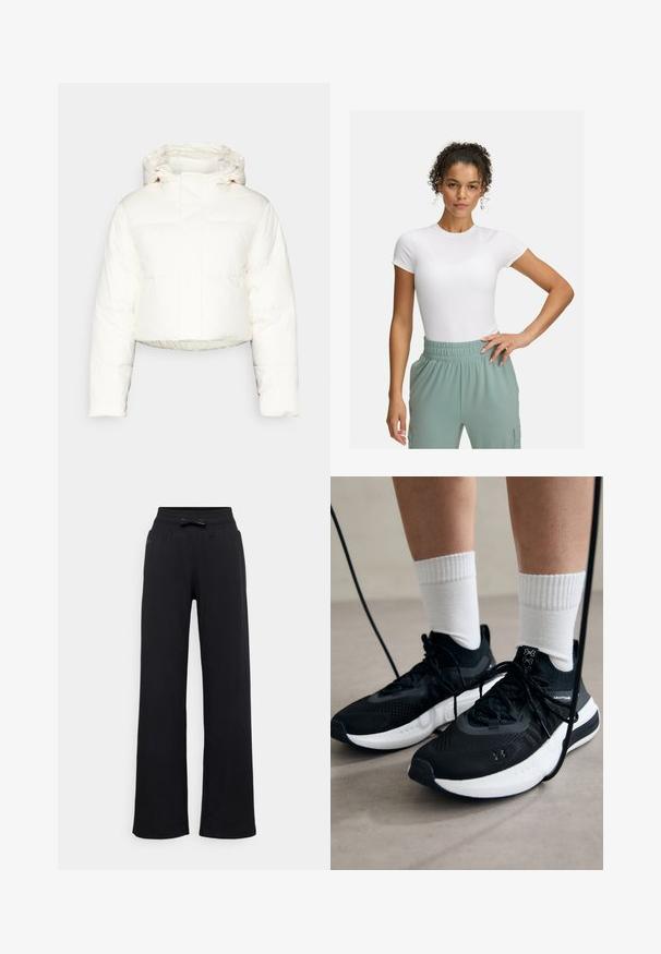 Kratka bela pufasta jakna z kapuco, z zašito zasnovo, gladko teksturo in zadrgo spredaj. Vidni ojačani šivi.; Bela prilegajoča majica s kratkimi rokavi, kombinirana z lahkimi hlačami z elastičnim pasom v svetlo zeleni barvi. Gladka tekstura, minimalistična zasnova in brez vidnih vzorcev.; Črne trenirke s širokimi hlačnicami, elastičnim pasom in detajlom v obliki pentlje. Gladka tekstura brez vidnih vzorcev ali dodatkov.; Črne športne čevlje z strukturirano tkanino, belo podplatom in črnimi vezalkami. Nosi se z belimi rebrastimi nogavicami, stoje na svetli površini.