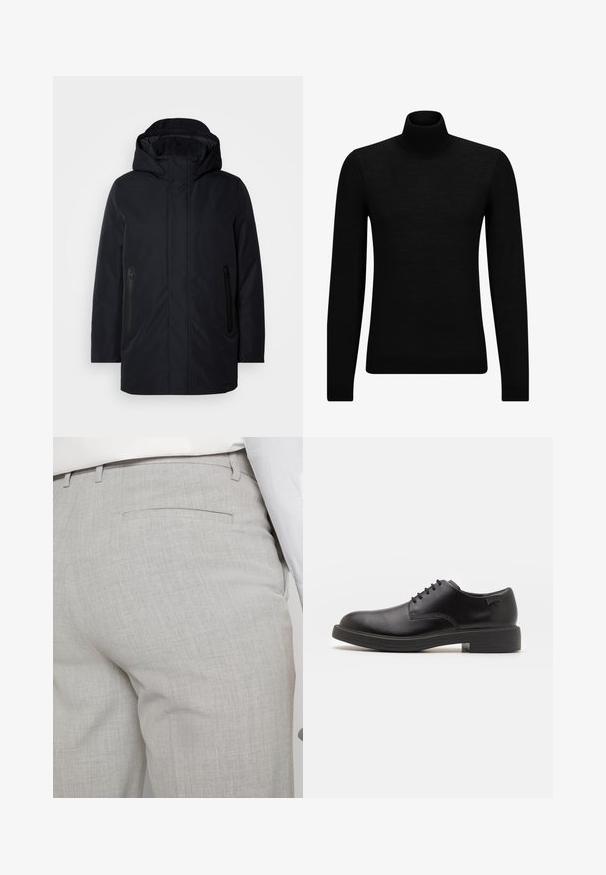 Chaqueta aislante negra con capucha, que cuenta con dos bolsillos laterales con cremallera, un cierre delantero con cremallera y una tela suave y texturizada.; Jersey de cuello alto negro hecho de un material suave, con mangas largas y un ajuste ceñido. Ribete acanalado en el dobladillo y los puños. Diseño simple.; Pantalones grises claros a medida hechos de tela texturizada, con un solo bolsillo trasero y costuras limpias.; Zapato negro de cuero con cordones, punta redondeada, textura suave, costuras mínimas y tacón bajo de goma. Logo en el tacón.