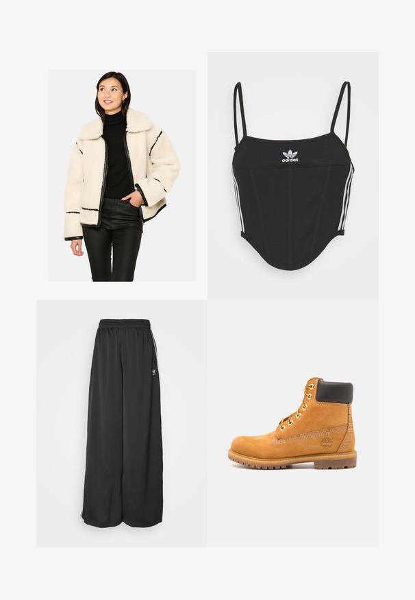 Valge karvane jope mustade ääristega, lukuga esiosas ja laia kraega. Kombineeritud musta kõrge kaelusega särkide ja kitsaste mustade pükstega.; Must mustriba top mustaks, reguleeritavate õhukeste kinnitustega, millel on külgedel kolm valget triipu ja keskel väike valge Adidas'i logo.; Mustad, vabalt langevad spordipüksid, mis on valmistatud siledast kangast. Omab elastset vöökoht ja külgedel triibusid koos logo aktsentidega.; Pruun nahkne pahkluu saabas mustade polsteritega, kuldsete silmadega ja tekstureeritud tallaga. Küljel on ringikujuline logo ja õmblusaktsendid.